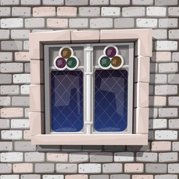 A medieval window on grey stone wall Stock Illustration