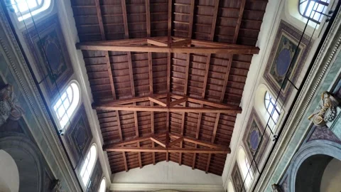 Medieval wooden ceiling inside Sant'Angelo in Pescheria church in Rome Stock Footage 338010470