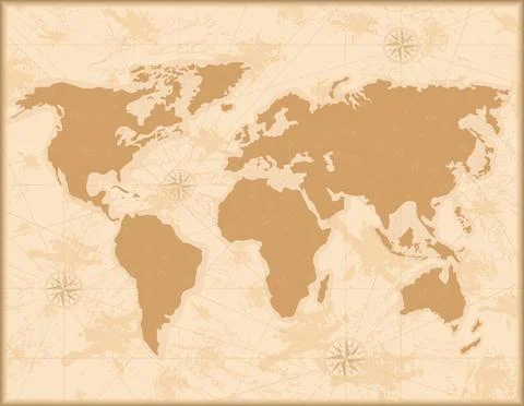 Medieval world map. Old paper with painted continents and meridians with wind Stock Illustration