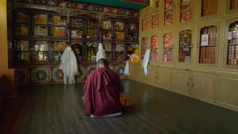 Meditates in the gompa of a monastery in the Himalayas Stock Footage 130362293