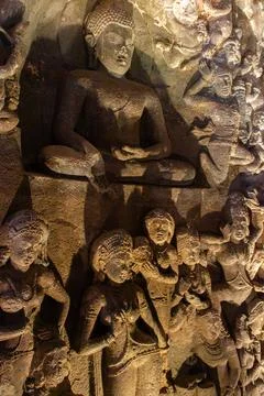 Meditating Buddha and Devotee Figures Carved in Ajanta Caves Stock Photos