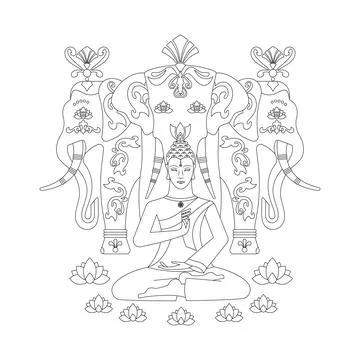 Meditating Buddha and the elephant Erawan. Zen art. Illustration. Stock Illustration