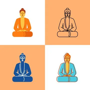 Meditating Buddha icon set in flat and line styles Stock Illustration