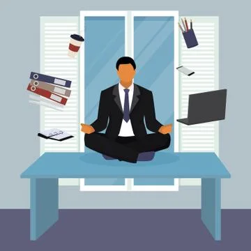 Meditating businessman in yoga pose in office at work break vector illustration. Stock Illustration