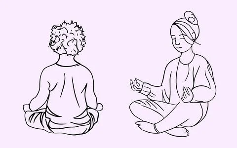 Meditating children from different angles in a linear style. Yoga, relaxation Stock Illustration