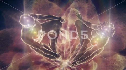 Meditating Couple Sitting Facing Each Other Over Ethereal Lotus - Top View Stock Illustration