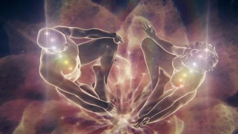 Meditating Couple Sitting Facing Each Other Over Ethereal Lotus - Top View Иллюстрация