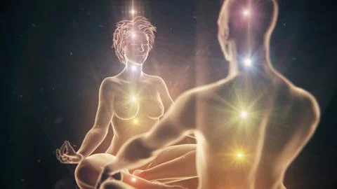 Meditating Couple Sitting Facing Each Other Over Shoulder on Woman Ilustração Stock