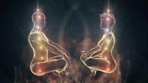 Meditating Couple Sitting Facing Each Other in a Serene Space Wide Angle Иллюстрация