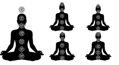 Meditating Figure with Chakra Alignment Silhouettes Stock Illustration
