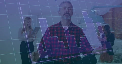 Meditating man with financial graph animation overlay in office environment Stockbeeldmateriaal 304843116