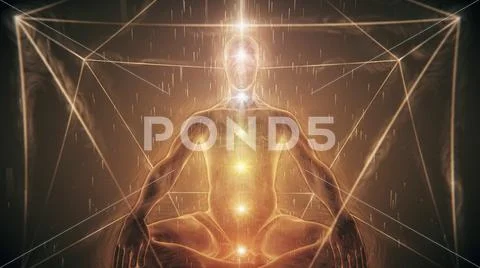 Meditating Man in Golden Icosahedron Geometry Lighting up Stock Illustration
