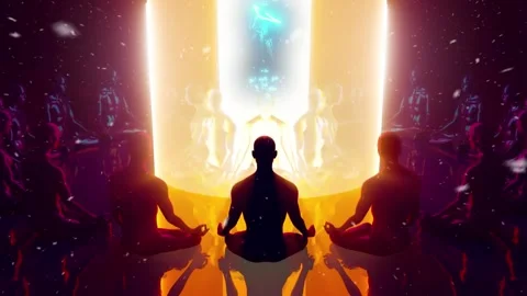 Meditating man looking at beams of light Video stock 214276787