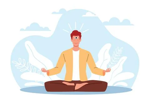 Meditating man with third eye on his forehead uses intuition to make decisions Stock Illustration