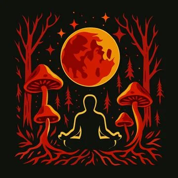 Meditating silhouette under the moon with vibrant mushrooms for spiritual r.. Stock Illustration