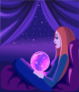 Meditating witch under the starry sky looking into the crystal ball Stock Illustration