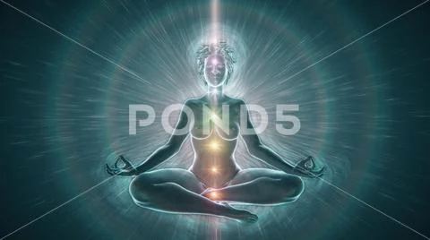 Meditating Woman Activating Chakras Lighting Up Surrounding - Front View Stock Illustration