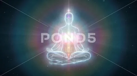 Meditating Woman Lighting Up Heart Chakra in Bluish Tranquil Space - Front View Stock Illustration