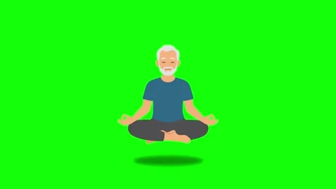 Meditation animated old man levitating in lotus pose 4k green screen Stock Footage 345856391