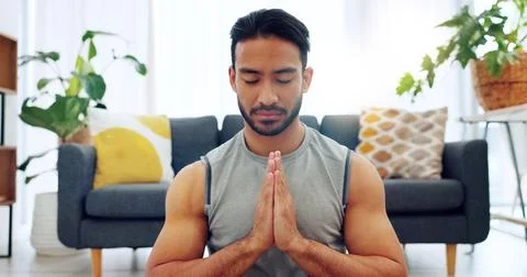 Meditation exercise, man yoga training and zen workout for spiritual health Stock Photos