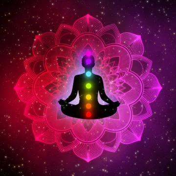 Meditation man with aura, seven chakras, and glow mandala in the galaxy illus Stock Illustration