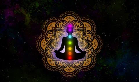 Meditation man with aura, seven chakras, and glow mandala in the galaxy illus Stock Illustration