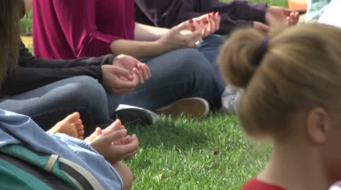 Meditation in the park closeup of group day Stock Footage