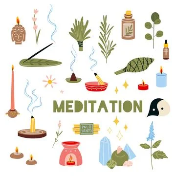 Meditation practice set, aromatherapy items. Concept of zen and harmony, re.. Illustrazione stock