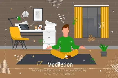 Meditation Practicing on Workplace Flat Banner Stock Illustration