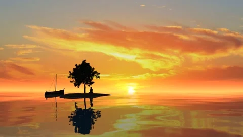 Meditation on a small island with a single tree in an ocean sunset with a boat 스톡 동영상 246788918