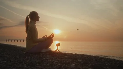 Meditation, Sunset, Beach, Seagull Stock Footage 220679600
