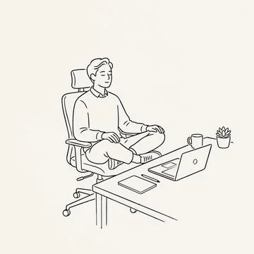Meditation at work, man sitting in office chair, yoga at desk with laptop S.. Stock Illustration