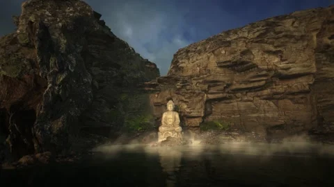 Meditative Flythrough with Buddha Statue and waterfall Stock Footage 244990462