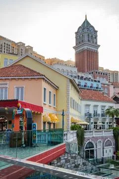 Mediterranean Architecture and Clock Tower in Sunset Town Phu Quoc Stock-Fotos