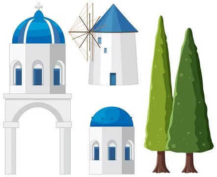 Mediterranean Architecture and Nature Vector Elements Set on White Background Illustrazione stock