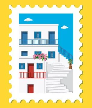 Mediterranean Architecture Postage Stamp with White Houses and Blue Shutters Stock Illustration