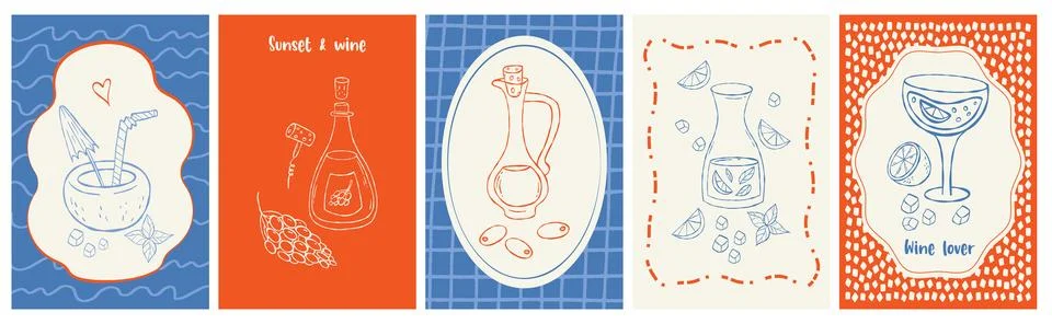 Mediterranean beach Posters set. Dolce vita aesthetics hand drawing. Isolat.. Stock Illustration