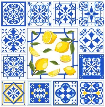 Mediterranean Blue and White Ceramic Tiles with Fresh Yellow Lemons Stock Illustration