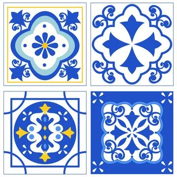 Mediterranean Blue and White Ceramic Tile Vector Pattern Set 库存插图