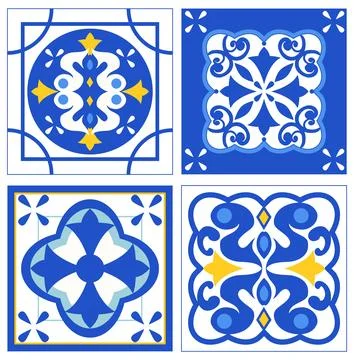 Mediterranean Blue and White Ceramic Tile Vector Pattern Set 库存插图