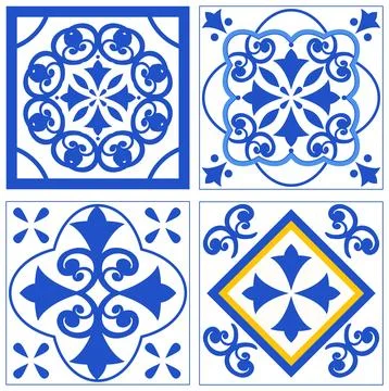 Mediterranean Blue and White Ceramic Tile Vector Pattern Set 스톡 일러스트