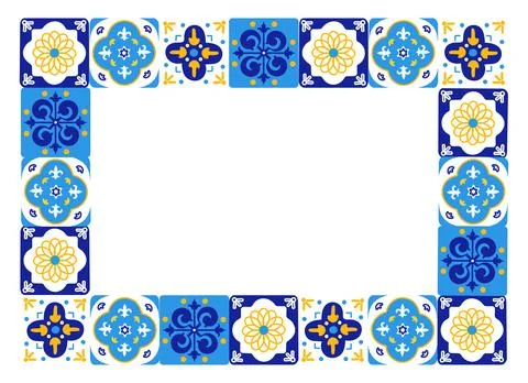 Mediterranean blue ceramic tile rectangular frame. Italian majolica ornate .. Stock Illustration