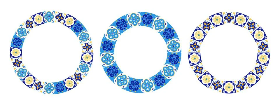 Mediterranean blue ceramic tile round frames set with lemon accents. Italia.. Stock Illustration