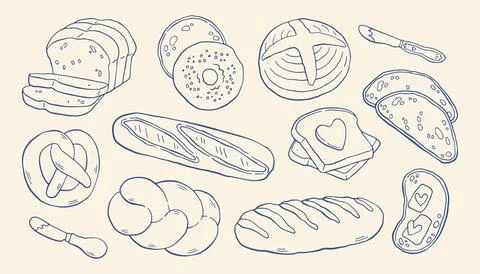 Mediterranean bread doodle set in blue. Hand drawn line art of italian and Stock Illustration