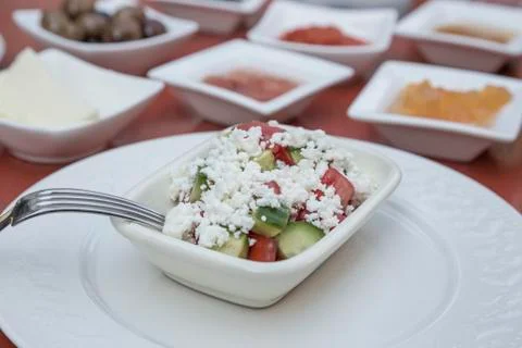 Mediterranean breakfast on table Stock Photos