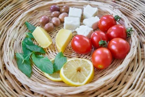 Mediterranean Breakfast on wicker background Stock-Fotos
