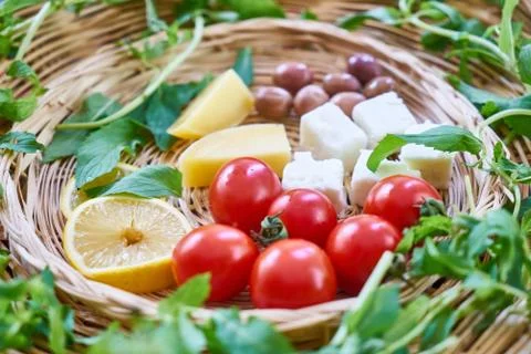 Mediterranean Breakfast on wicker background Stock-Fotos