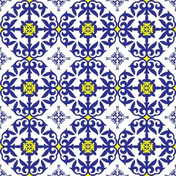 Mediterranean ceramic tile patterns in blue, white, yellow. Moroccan azulejo Stock Illustration