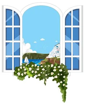 Mediterranean Coastal View Through Open Window with White Flowers Stock Illustration