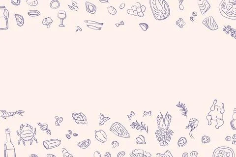 Mediterranean cuisine elements border with seafood, vegetables, and wine for Stockillustratie